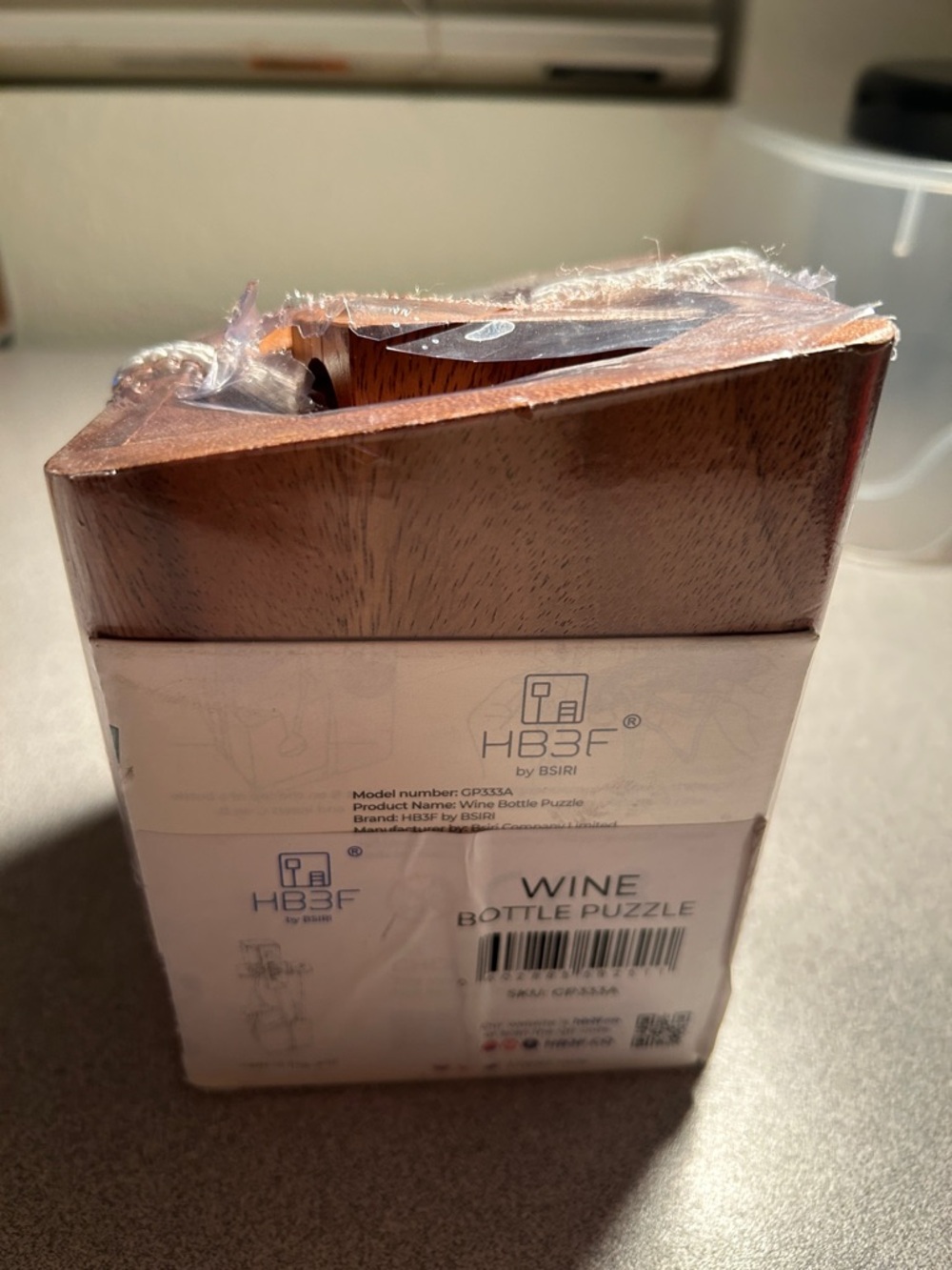 HB3F Wine Bottle Puzzle - Wooden Brown Brain Teaser